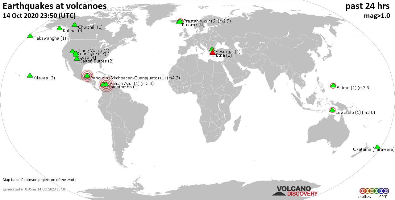 World map showing volcanoes with shallow (less than 20 km) earthquakes within 20 km radius  during the past 24 hours on 14 Oct 2020 Number in brackets indicate nr of quakes.