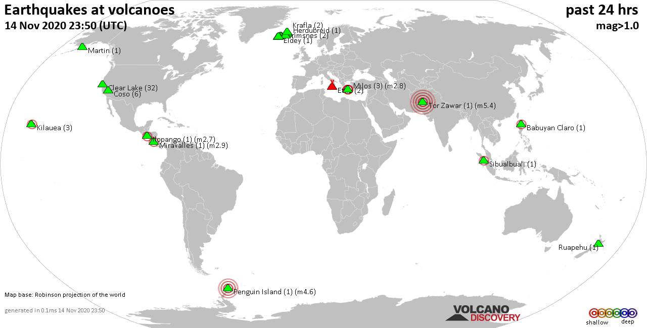 World map showing volcanoes with shallow (less than 20 km) earthquakes within 20 km radius  during the past 24 hours on 14 Nov 2020 Number in brackets indicate nr of quakes.