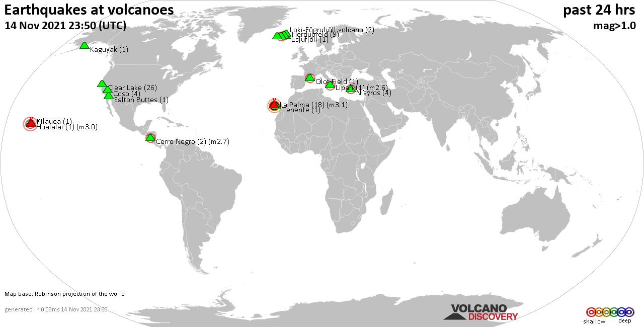 World map showing volcanoes with shallow (less than 20 km) earthquakes within 20 km radius  during the past 24 hours on 14 Nov 2021 Number in brackets indicate nr of quakes.