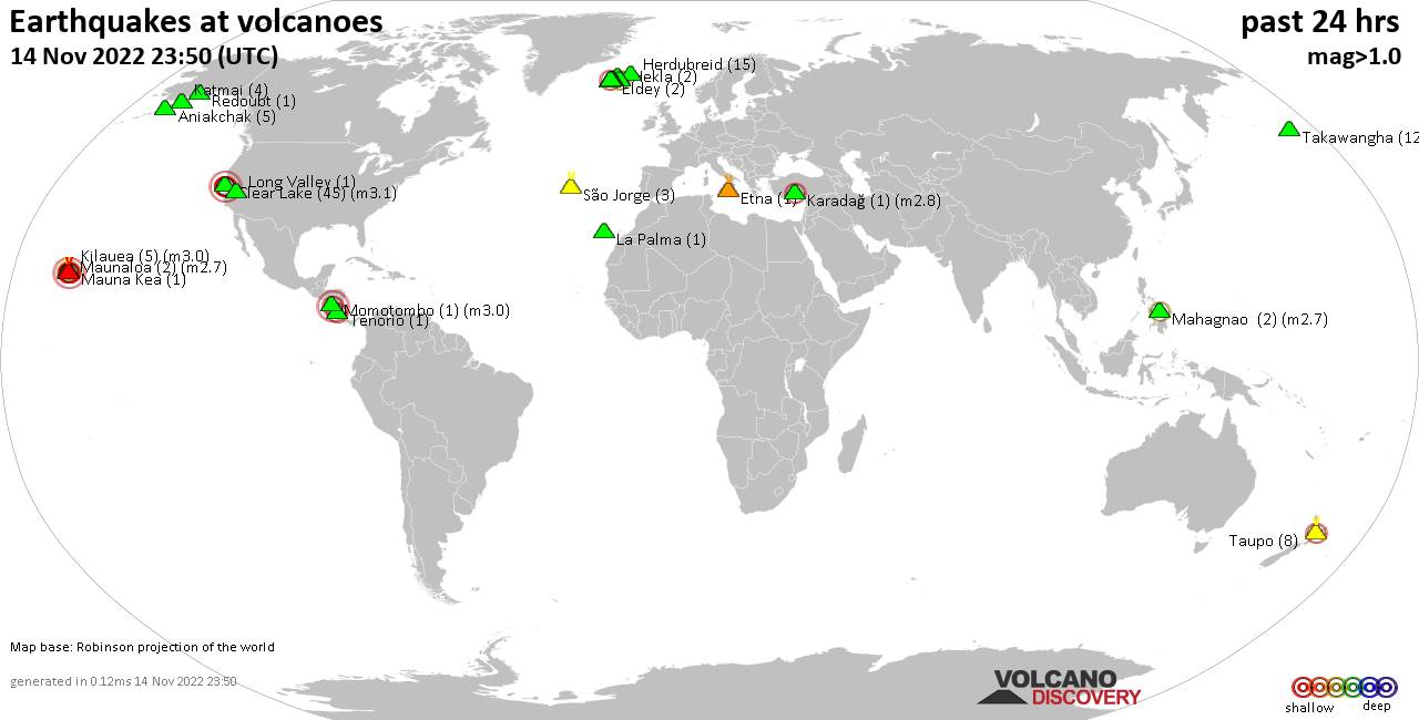 World map showing volcanoes with shallow (less than 50 km) earthquakes within 20 km radius  during the past 24 hours on 14 Nov 2022 Number in brackets indicate nr of quakes.