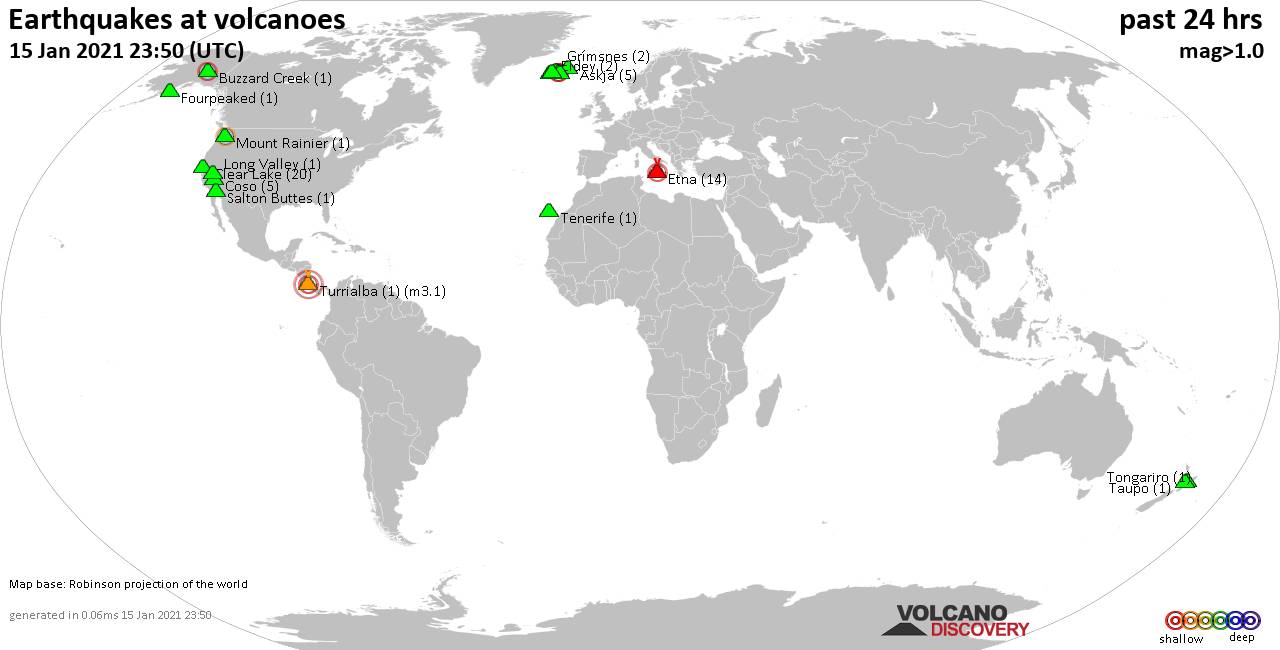 World map showing volcanoes with shallow (less than 20 km) earthquakes within 20 km radius  during the past 24 hours on 15 Jan 2021 Number in brackets indicate nr of quakes.
