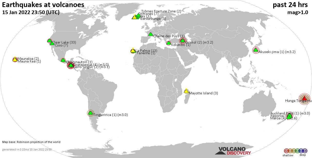World map showing volcanoes with shallow (less than 50 km) earthquakes within 20 km radius  during the past 24 hours on 15 Jan 2022 Number in brackets indicate nr of quakes.
