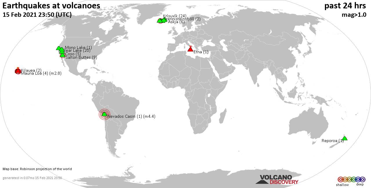 World map showing volcanoes with shallow (less than 20 km) earthquakes within 20 km radius  during the past 24 hours on 15 Feb 2021 Number in brackets indicate nr of quakes.