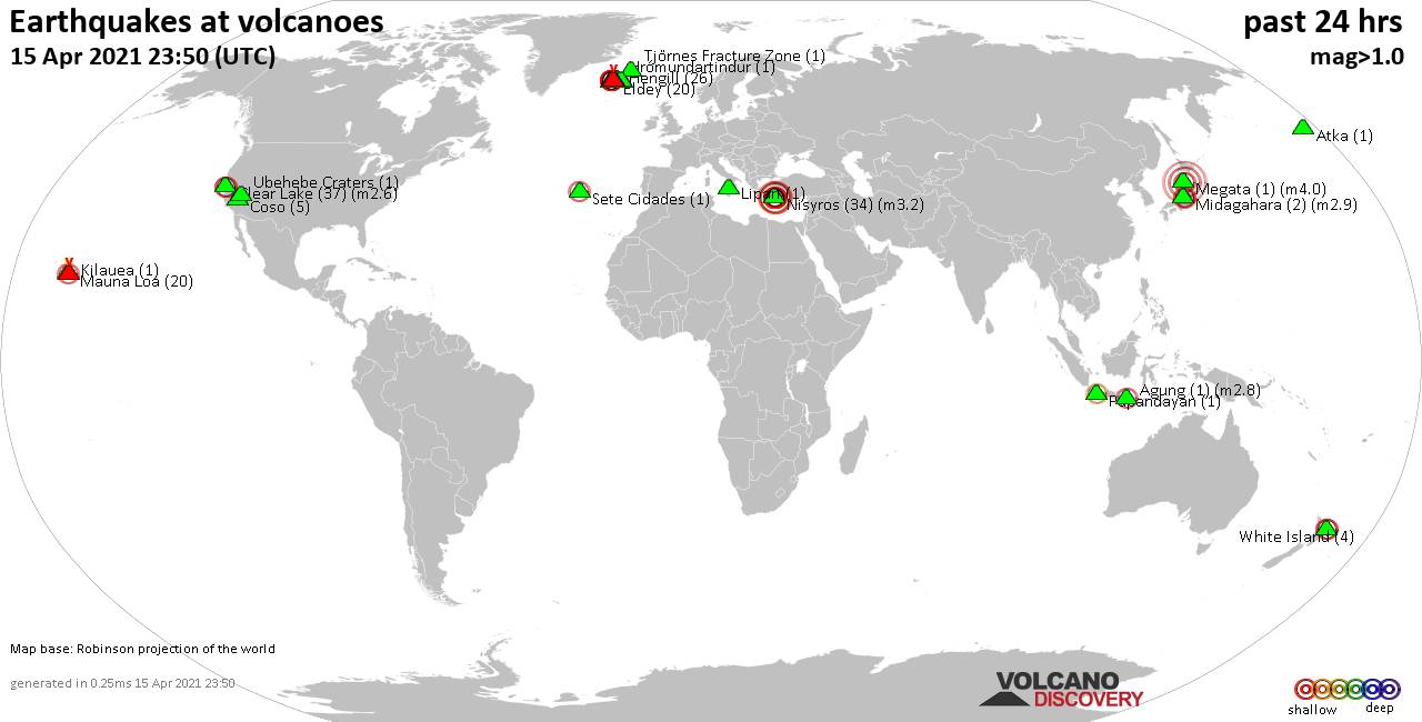 World map showing volcanoes with shallow (less than 20 km) earthquakes within 20 km radius  during the past 24 hours on 15 Apr 2021 Number in brackets indicate nr of quakes.