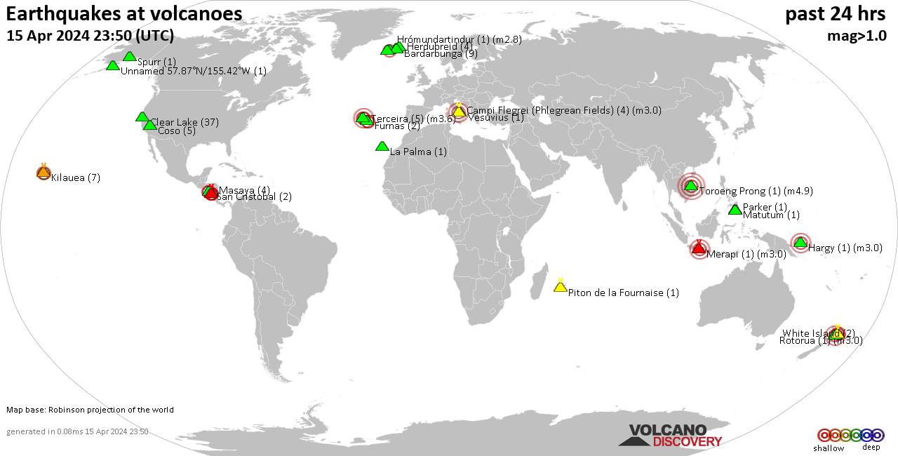 World map showing volcanoes with shallow (less than 50 km) earthquakes within 20 km radius  during the past 24 hours on 15 Apr 2024 Number in brackets indicate nr of quakes.