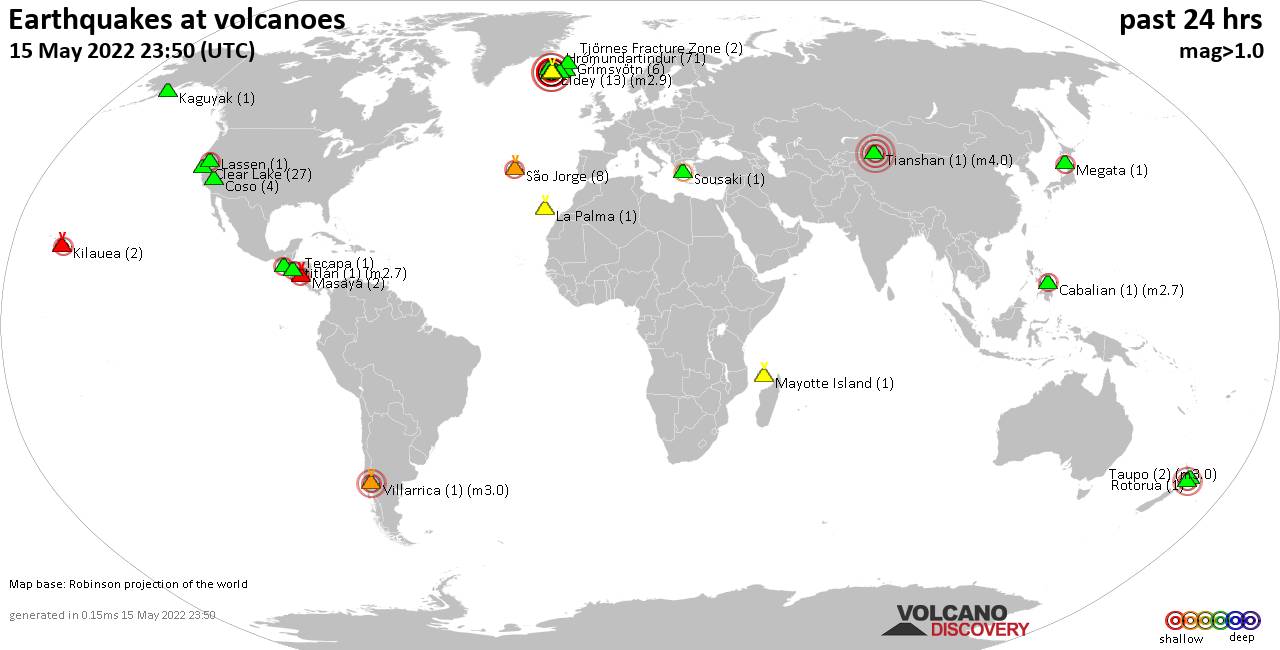World map showing volcanoes with shallow (less than 50 km) earthquakes within 20 km radius  during the past 24 hours on 15 May 2022 Number in brackets indicate nr of quakes.