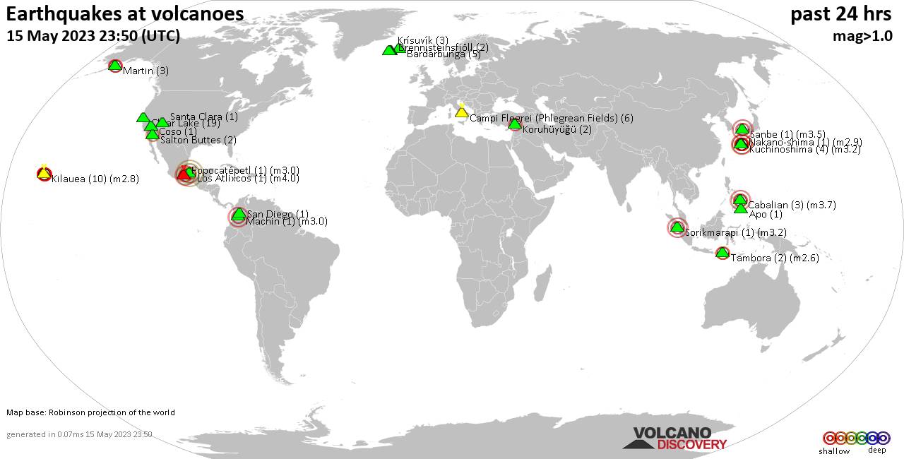 World map showing volcanoes with shallow (less than 50 km) earthquakes within 20 km radius  during the past 24 hours on 15 May 2023 Number in brackets indicate nr of quakes.