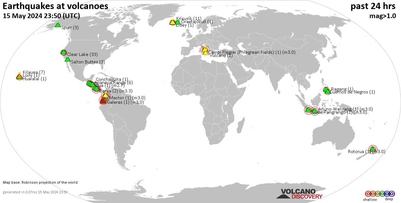 World map showing volcanoes with shallow (less than 50 km) earthquakes within 20 km radius  during the past 24 hours on 15 May 2024 Number in brackets indicate nr of quakes.