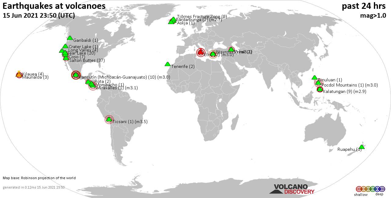 World map showing volcanoes with shallow (less than 20 km) earthquakes within 20 km radius  during the past 24 hours on 15 Jun 2021 Number in brackets indicate nr of quakes.