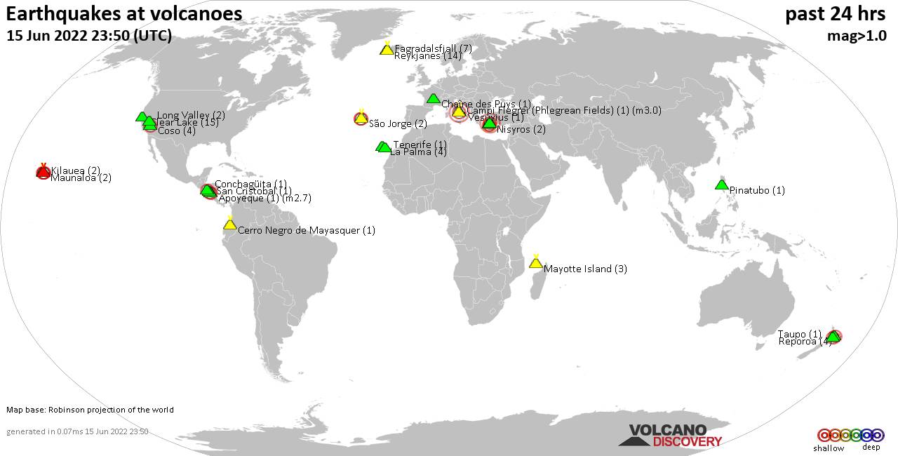World map showing volcanoes with shallow (less than 50 km) earthquakes within 20 km radius  during the past 24 hours on 15 Jun 2022 Number in brackets indicate nr of quakes.