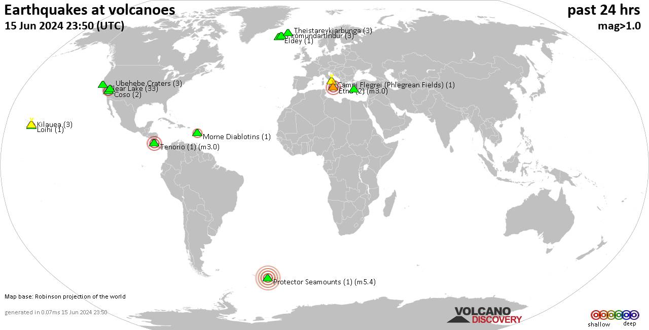 World map showing volcanoes with shallow (less than 50 km) earthquakes within 20 km radius  during the past 24 hours on 15 Jun 2024 Number in brackets indicate nr of quakes.