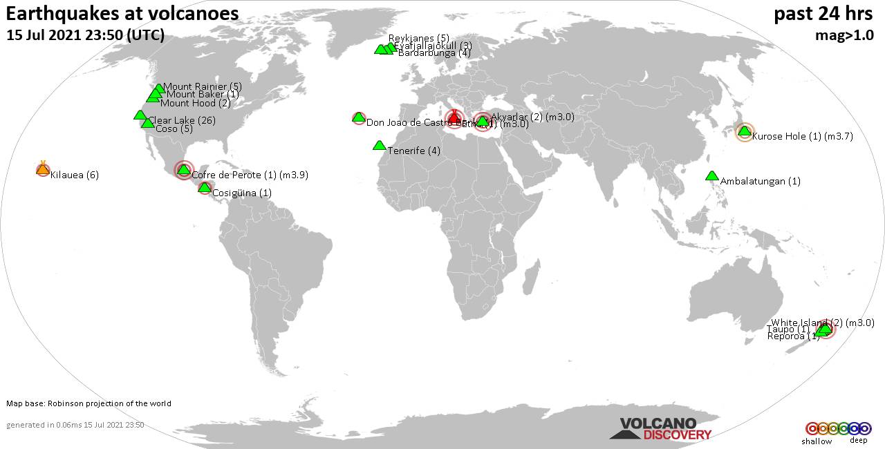 World map showing volcanoes with shallow (less than 20 km) earthquakes within 20 km radius  during the past 24 hours on 15 Jul 2021 Number in brackets indicate nr of quakes.