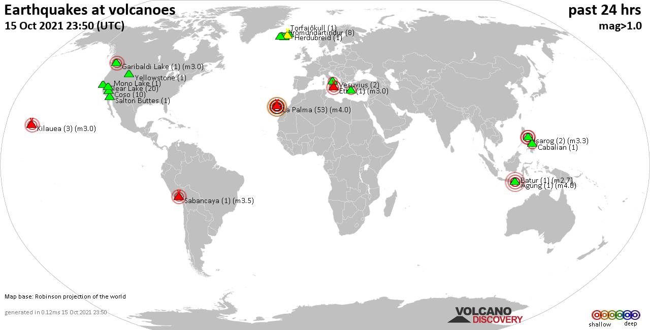 World map showing volcanoes with shallow (less than 20 km) earthquakes within 20 km radius  during the past 24 hours on 15 Oct 2021 Number in brackets indicate nr of quakes.