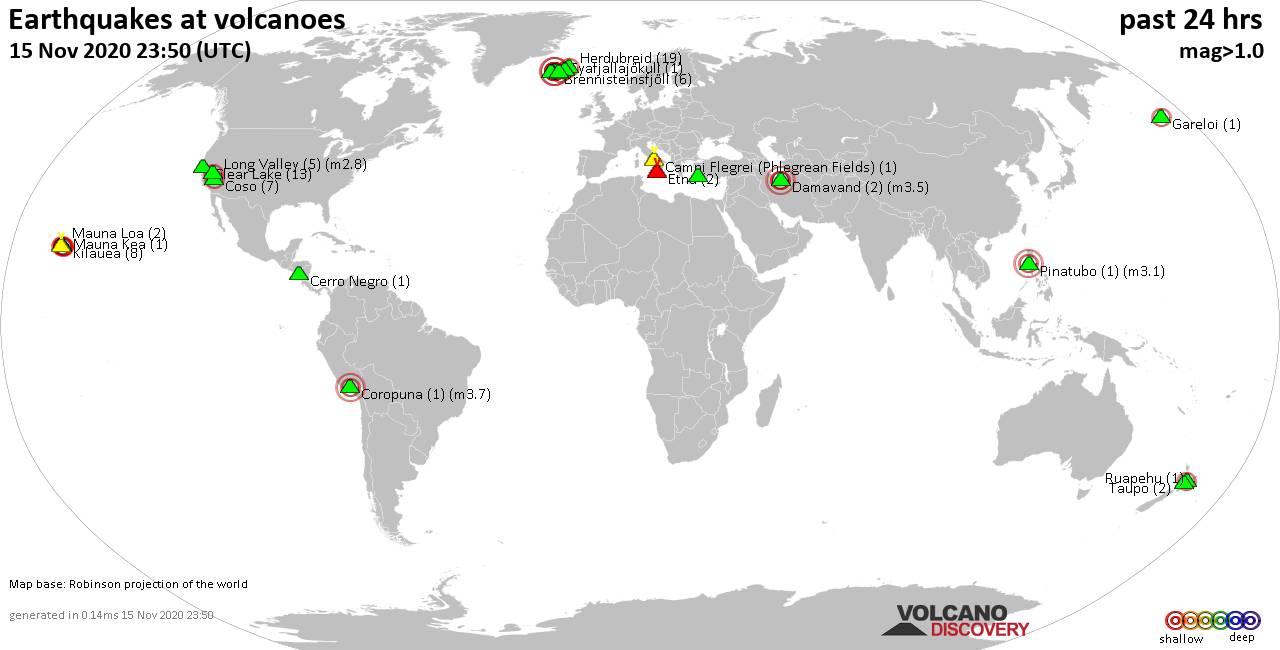 World map showing volcanoes with shallow (less than 20 km) earthquakes within 20 km radius  during the past 24 hours on 15 Nov 2020 Number in brackets indicate nr of quakes.