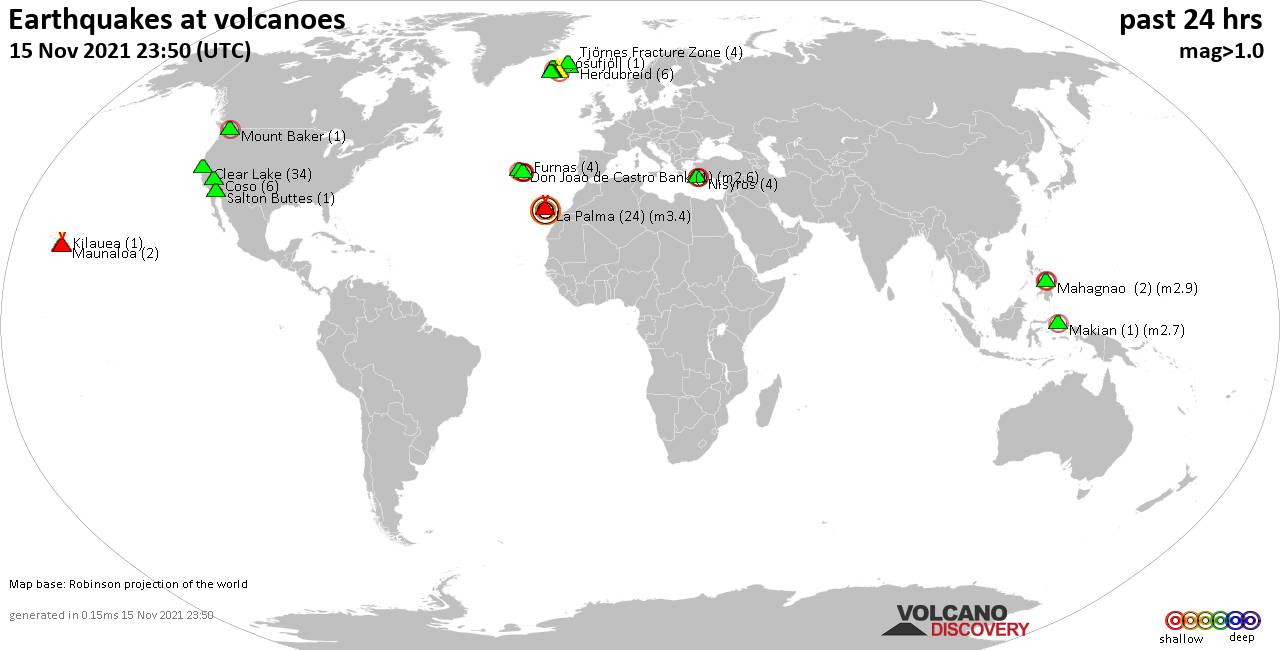 World map showing volcanoes with shallow (less than 20 km) earthquakes within 20 km radius  during the past 24 hours on 15 Nov 2021 Number in brackets indicate nr of quakes.