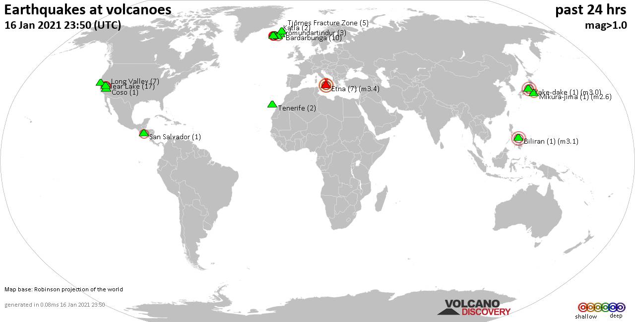 World map showing volcanoes with shallow (less than 20 km) earthquakes within 20 km radius  during the past 24 hours on 16 Jan 2021 Number in brackets indicate nr of quakes.
