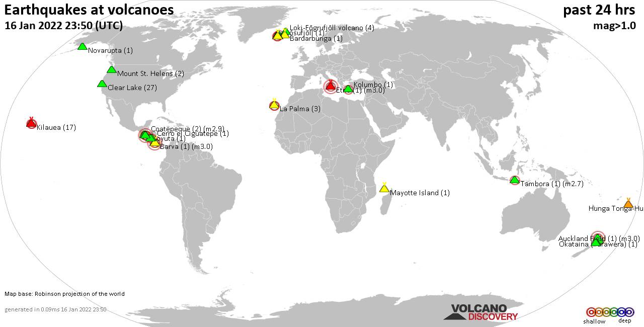 World map showing volcanoes with shallow (less than 50 km) earthquakes within 20 km radius  during the past 24 hours on 16 Jan 2022 Number in brackets indicate nr of quakes.