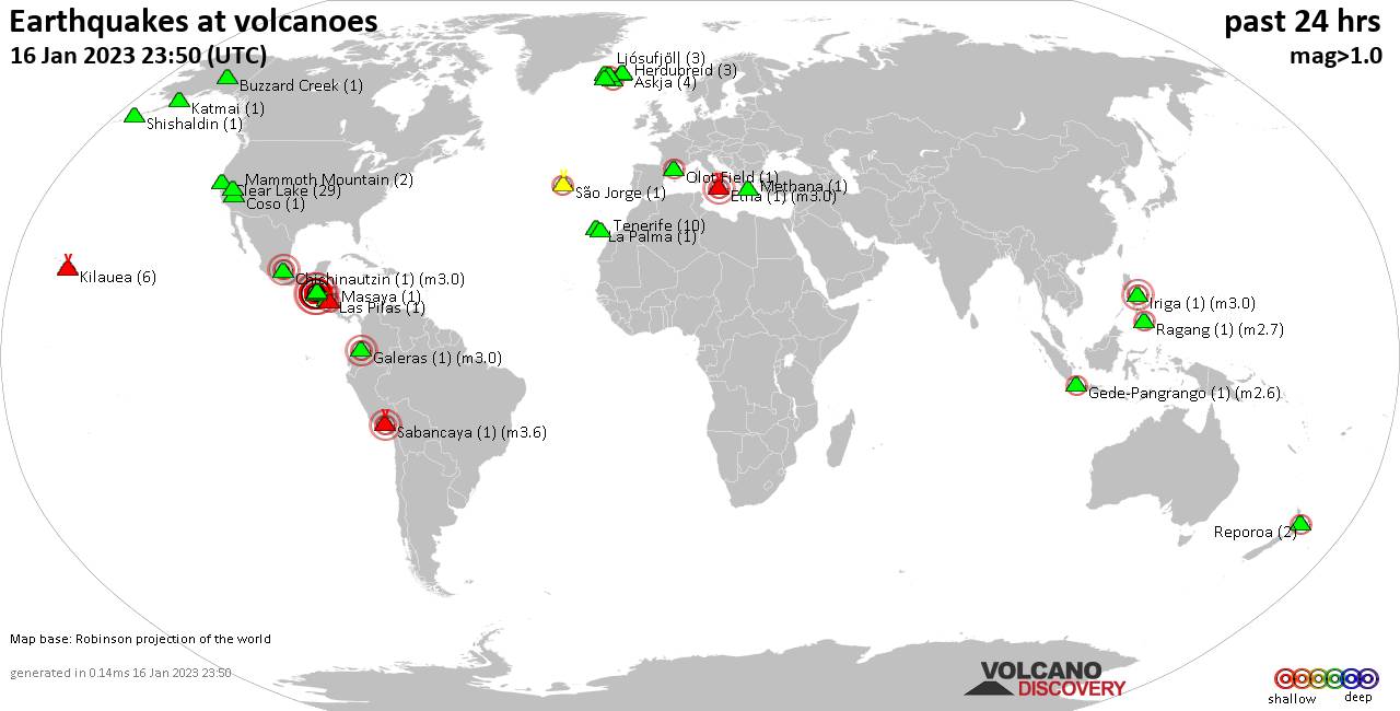 World map showing volcanoes with shallow (less than 50 km) earthquakes within 20 km radius  during the past 24 hours on 16 Jan 2023 Number in brackets indicate nr of quakes.