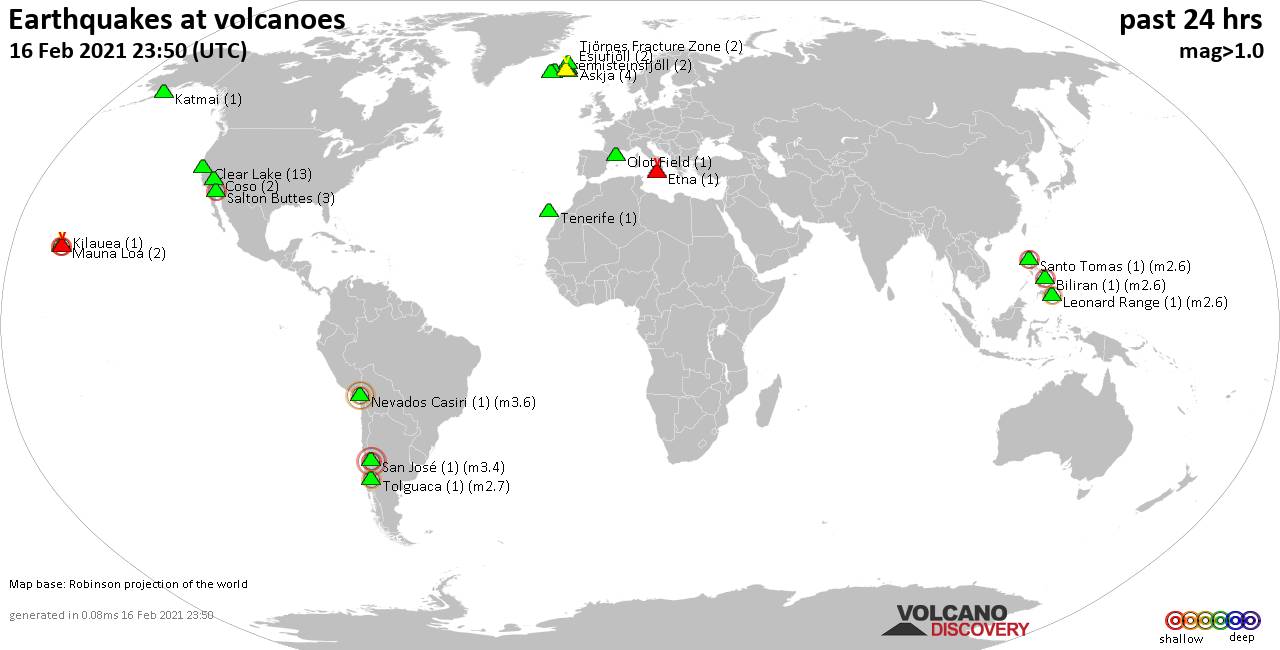 World map showing volcanoes with shallow (less than 20 km) earthquakes within 20 km radius  during the past 24 hours on 16 Feb 2021 Number in brackets indicate nr of quakes.