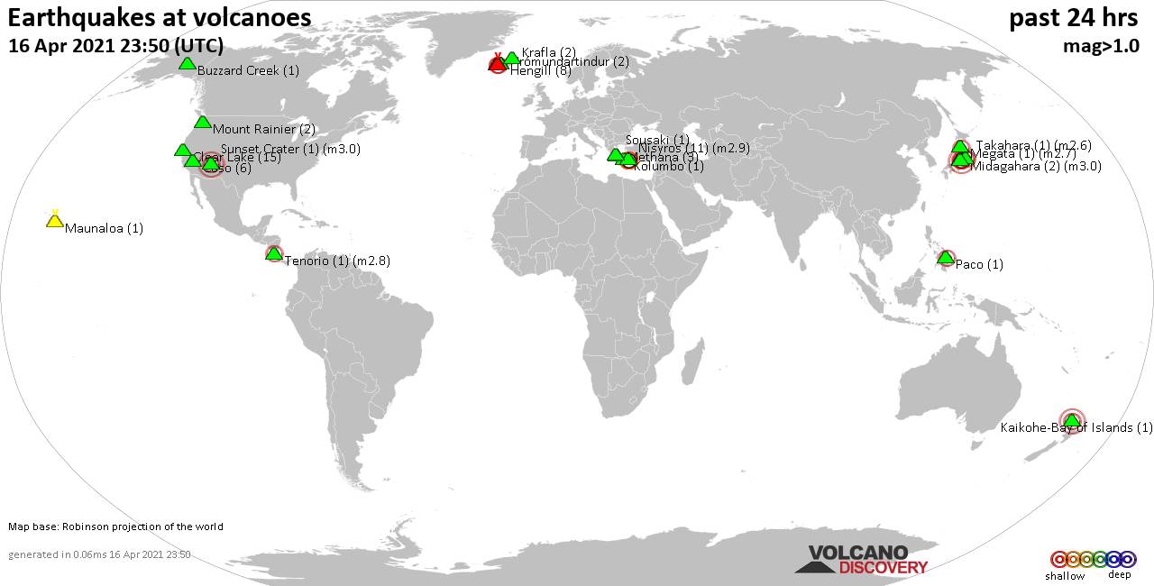 Peta dunia menunjukkan gunung berapi dengan gempa dangkal (kurang dari 20 km) dalam radius 20 km dalam 24 jam terakhir pada 16 April 2021.  Angka dalam tanda kurung menunjukkan jumlah gempa bumi.
