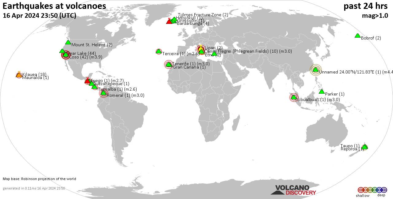 World map showing volcanoes with shallow (less than 50 km) earthquakes within 20 km radius  during the past 24 hours on 16 Apr 2024 Number in brackets indicate nr of quakes.