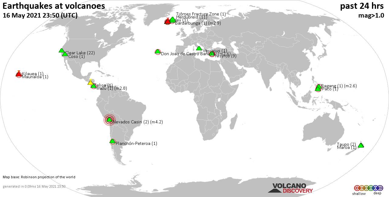 World map showing volcanoes with shallow (less than 20 km) earthquakes within 20 km radius  during the past 24 hours on 16 May 2021 Number in brackets indicate nr of quakes.