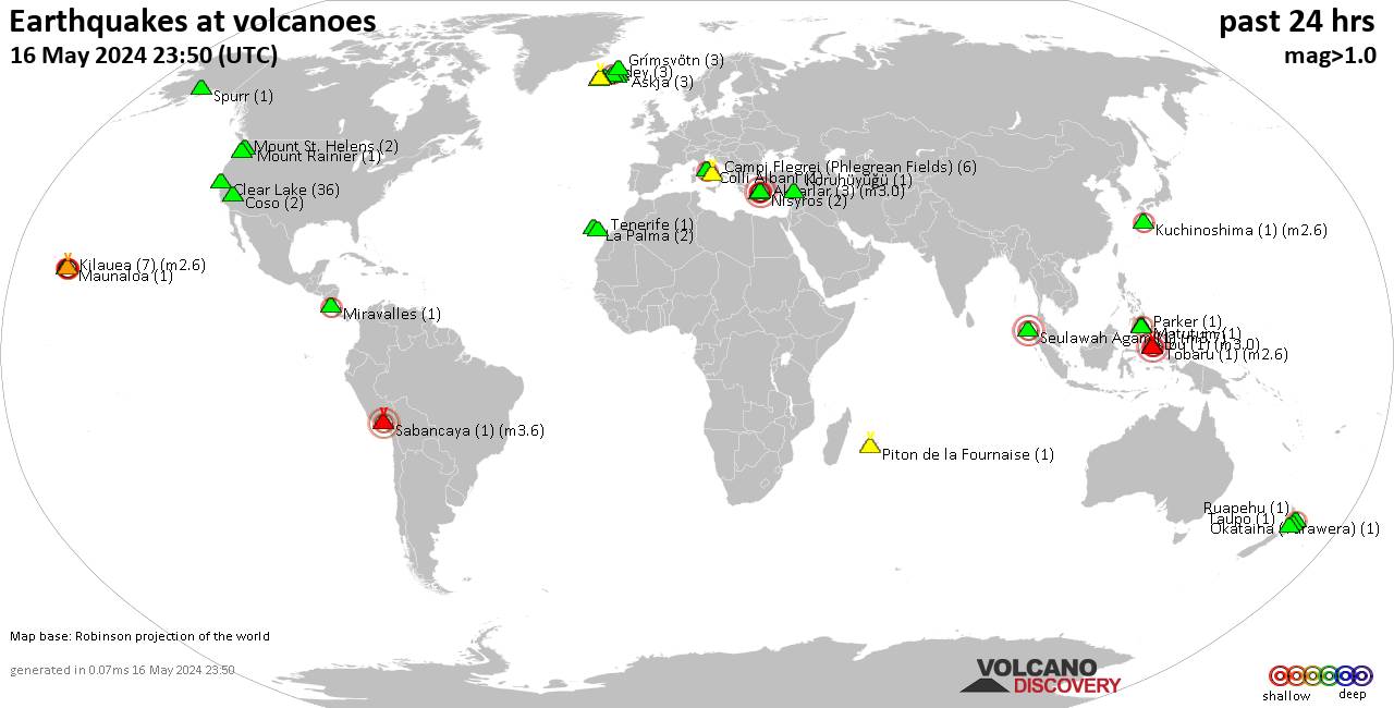 World map showing volcanoes with shallow (less than 50 km) earthquakes within 20 km radius  during the past 24 hours on 16 May 2024 Number in brackets indicate nr of quakes.