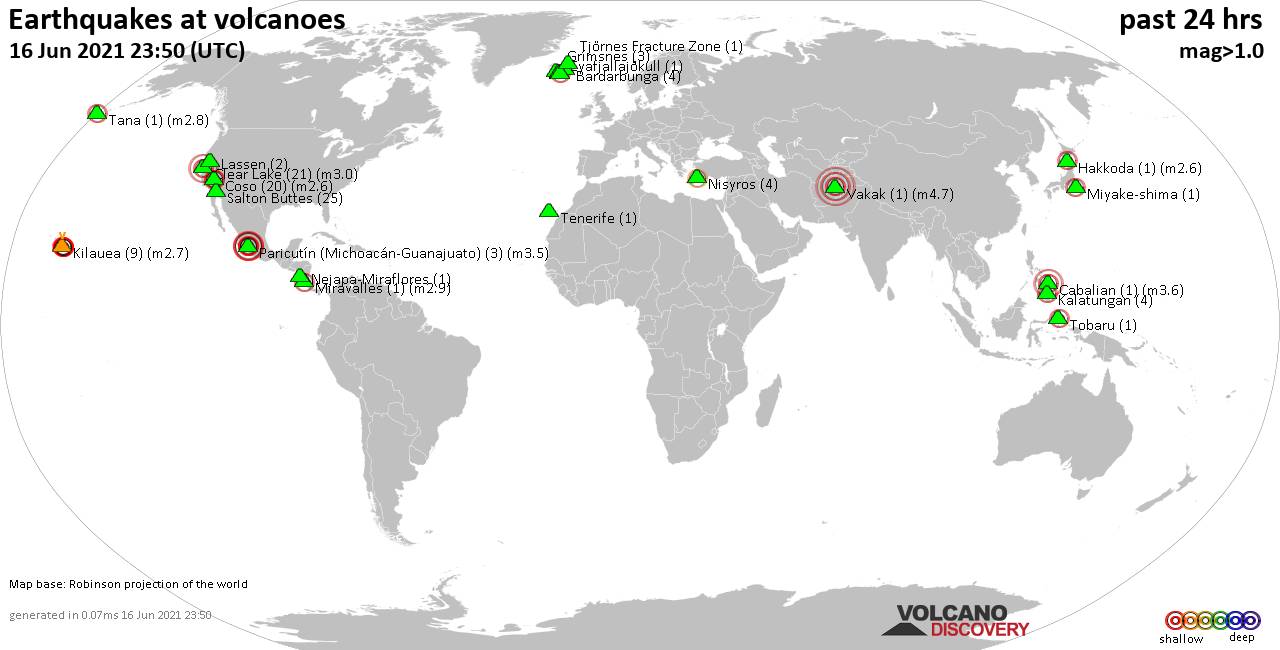 World map showing volcanoes with shallow (less than 20 km) earthquakes within 20 km radius  during the past 24 hours on 16 Jun 2021 Number in brackets indicate nr of quakes.