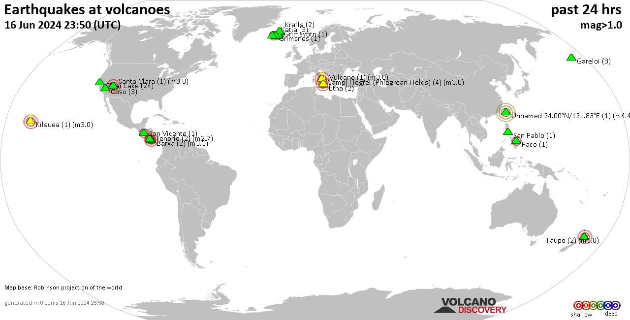 World map showing volcanoes with shallow (less than 50 km) earthquakes within 20 km radius  during the past 24 hours on 16 Jun 2024 Number in brackets indicate nr of quakes.