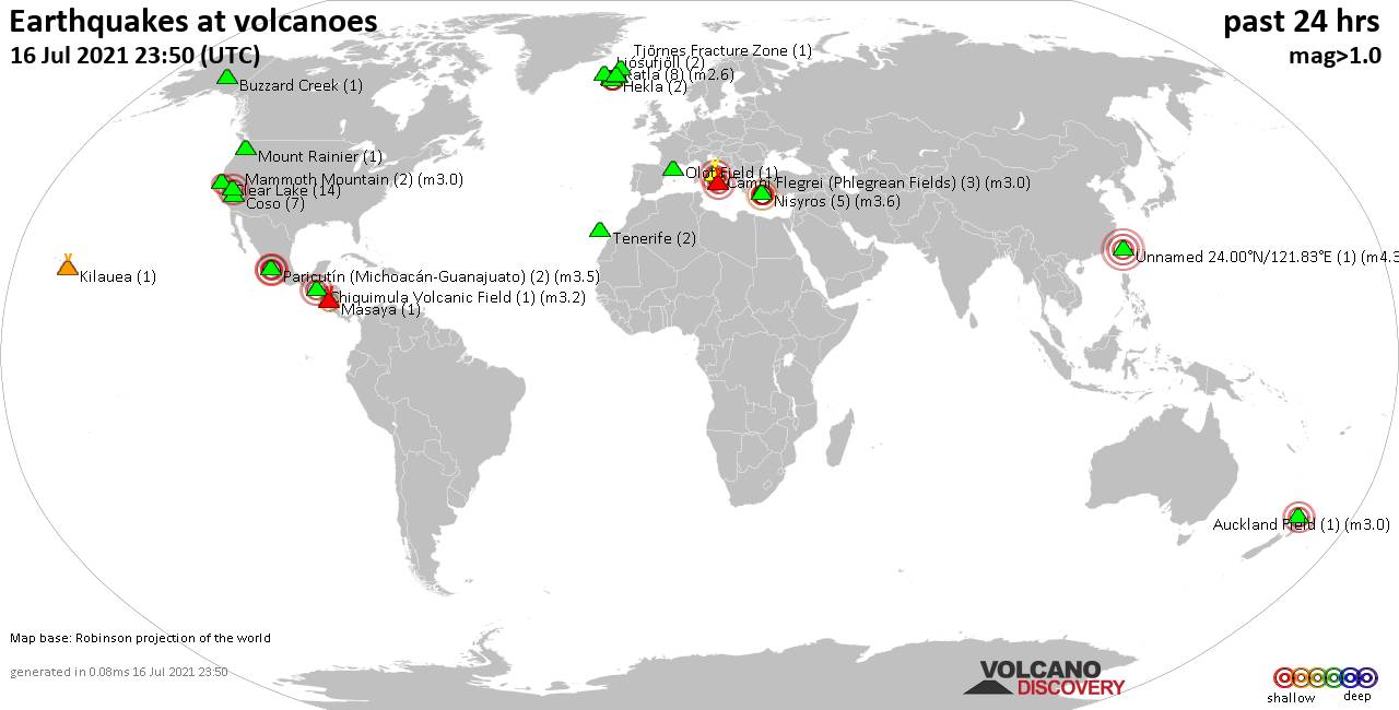 World map showing volcanoes with shallow (less than 20 km) earthquakes within 20 km radius  during the past 24 hours on 16 Jul 2021 Number in brackets indicate nr of quakes.