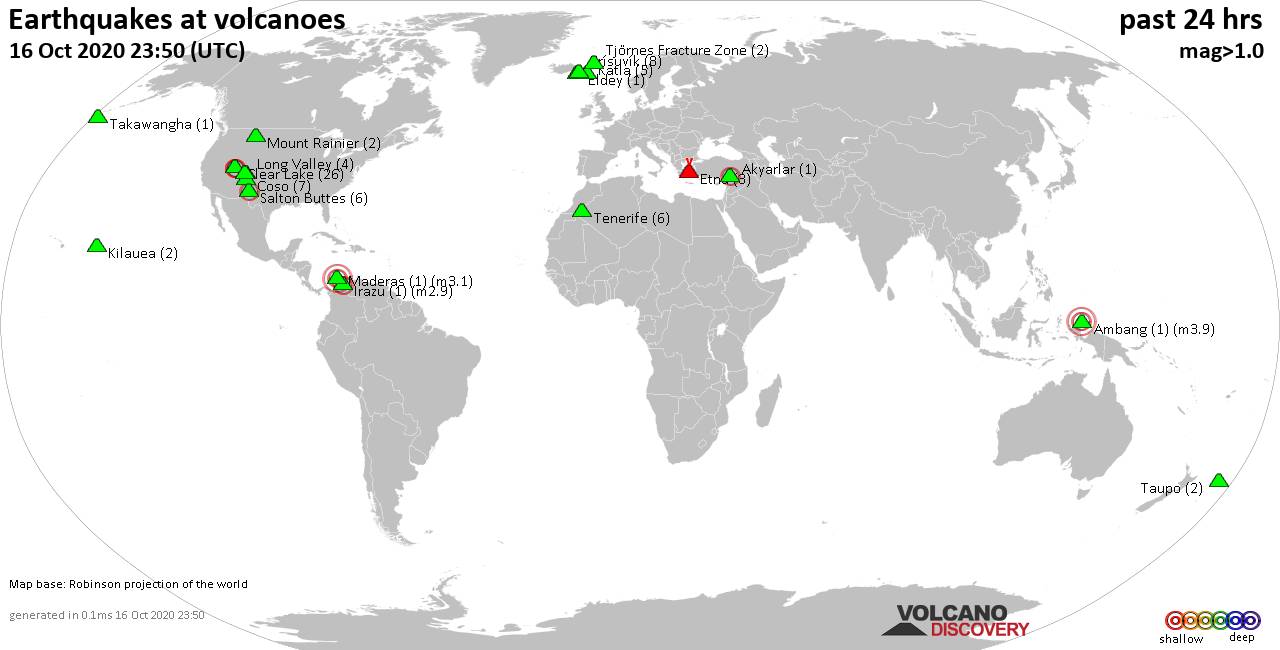 World map showing volcanoes with shallow (less than 20 km) earthquakes within 20 km radius  during the past 24 hours on 16 Oct 2020 Number in brackets indicate nr of quakes.
