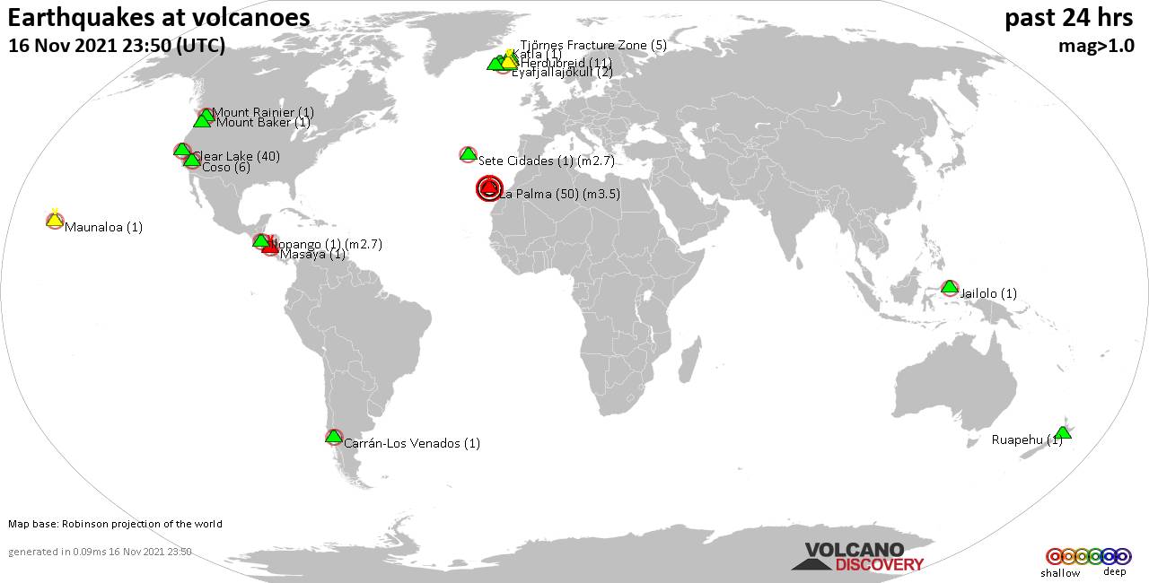 World map showing volcanoes with shallow (less than 20 km) earthquakes within 20 km radius  during the past 24 hours on 16 Nov 2021 Number in brackets indicate nr of quakes.