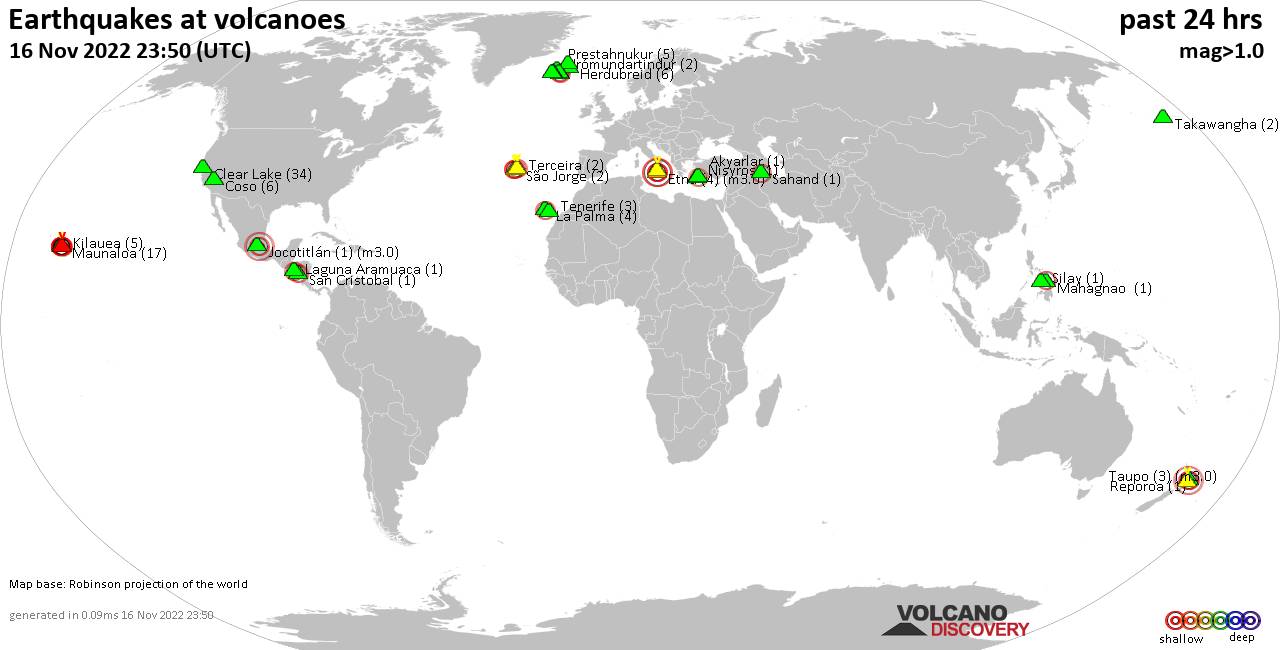 World map showing volcanoes with shallow (less than 50 km) earthquakes within 20 km radius  during the past 24 hours on 16 Nov 2022 Number in brackets indicate nr of quakes.