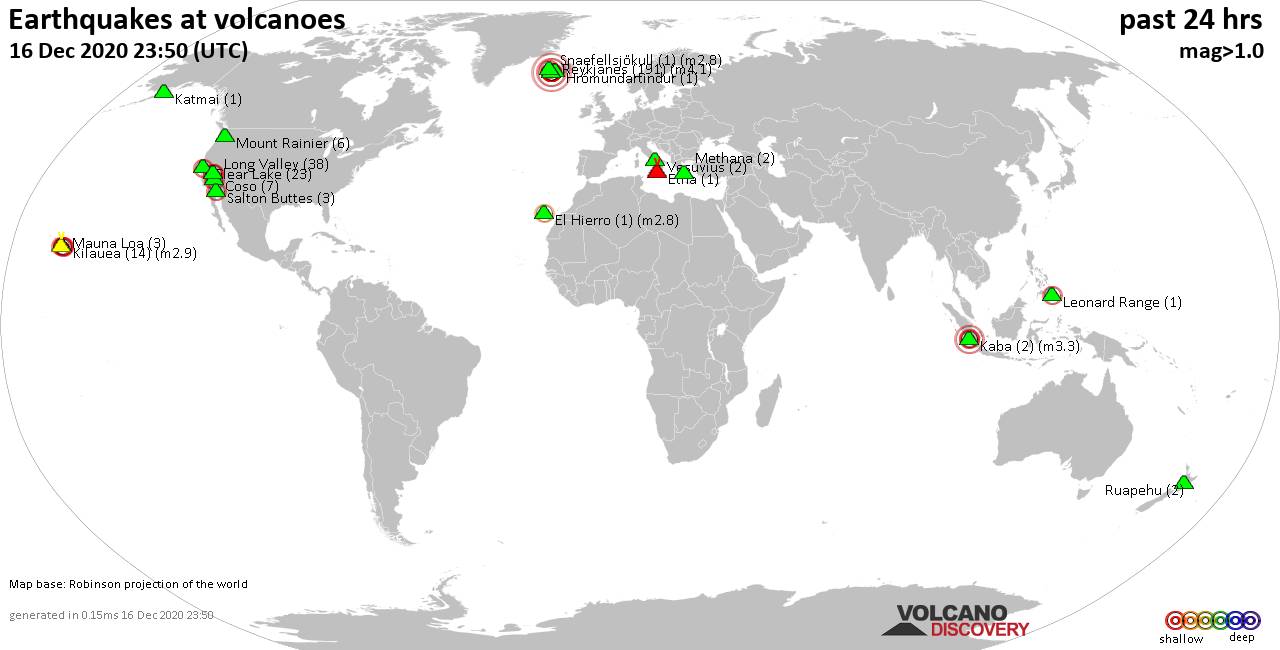 World map showing volcanoes with shallow (less than 20 km) earthquakes within 20 km radius  during the past 24 hours on 16 Dec 2020 Number in brackets indicate nr of quakes.