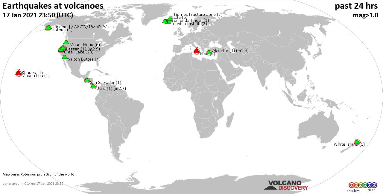 World map showing volcanoes with shallow (less than 20 km) earthquakes within 20 km radius  during the past 24 hours on 17 Jan 2021 Number in brackets indicate nr of quakes.