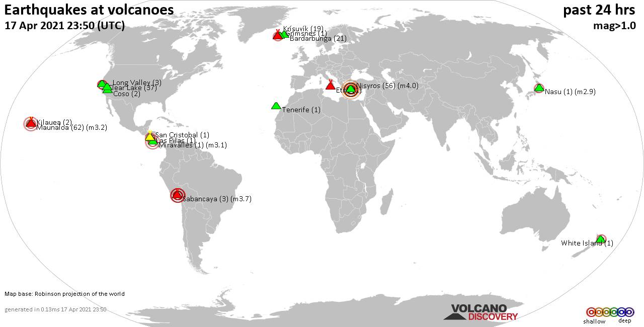 World map showing volcanoes with shallow (less than 20 km) earthquakes within 20 km radius  during the past 24 hours on 17 Apr 2021 Number in brackets indicate nr of quakes.