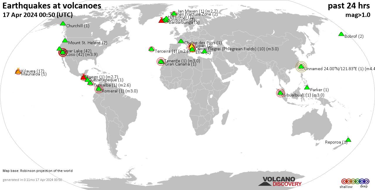 World map showing volcanoes with shallow (less than 50 km) earthquakes within 20 km radius  during the past 24 hours on 17 Apr 2024 Number in brackets indicate nr of quakes.