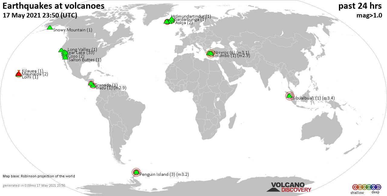 World map showing volcanoes with shallow (less than 20 km) earthquakes within 20 km radius  during the past 24 hours on 17 May 2021 Number in brackets indicate nr of quakes.