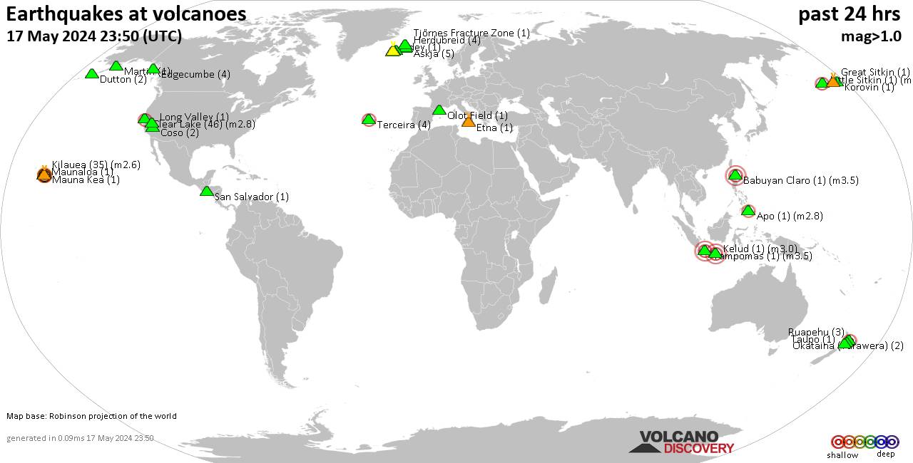 World map showing volcanoes with shallow (less than 50 km) earthquakes within 20 km radius  during the past 24 hours on 17 May 2024 Number in brackets indicate nr of quakes.