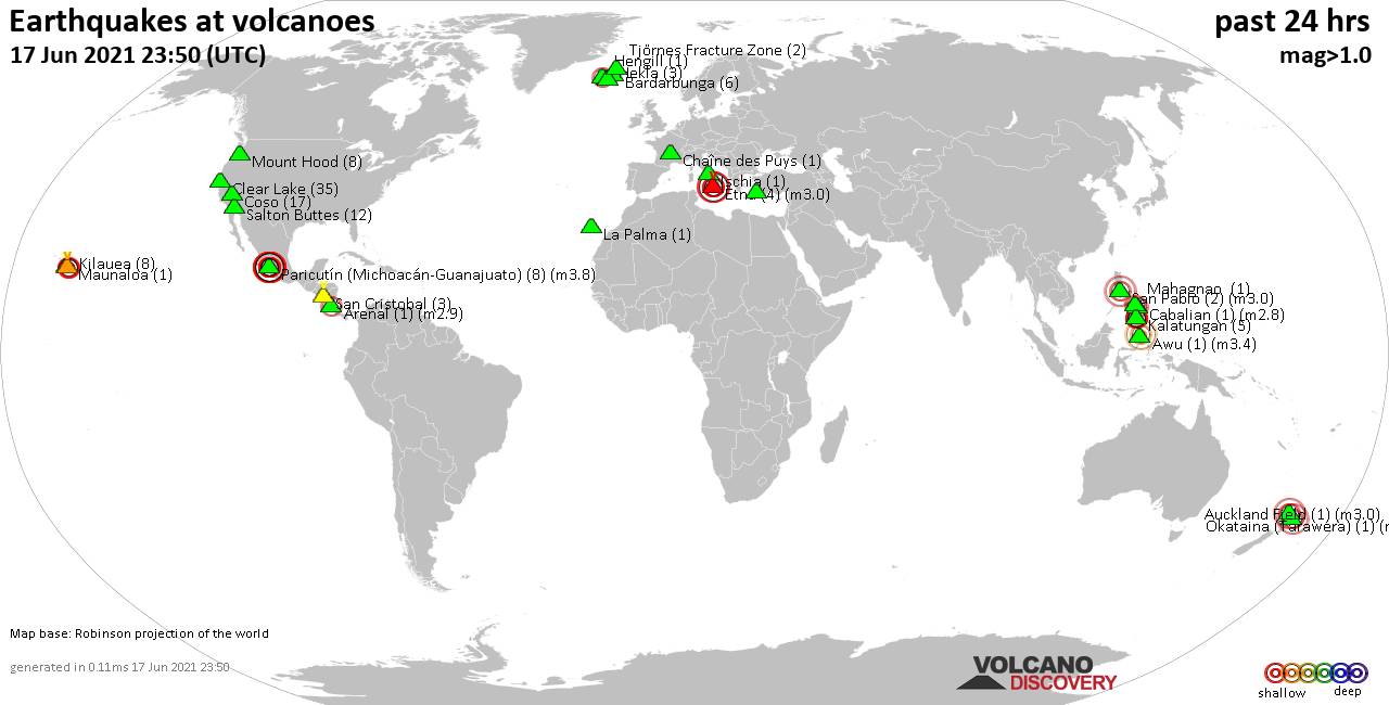 World map showing volcanoes with shallow (less than 20 km) earthquakes within 20 km radius  during the past 24 hours on 17 Jun 2021 Number in brackets indicate nr of quakes.