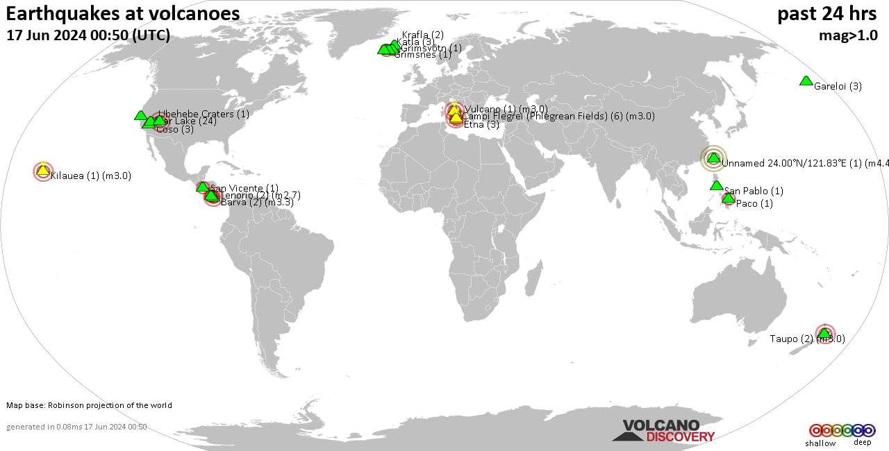 World map showing volcanoes with shallow (less than 50 km) earthquakes within 20 km radius  during the past 24 hours on 17 Jun 2024 Number in brackets indicate nr of quakes.