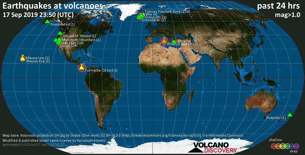 World map showing volcanoes with shallow (less than 20 km) earthquakes within 20 km radius  during the past 24 hours on 17 Sep 2019 Number in brackets indicate nr of quakes.