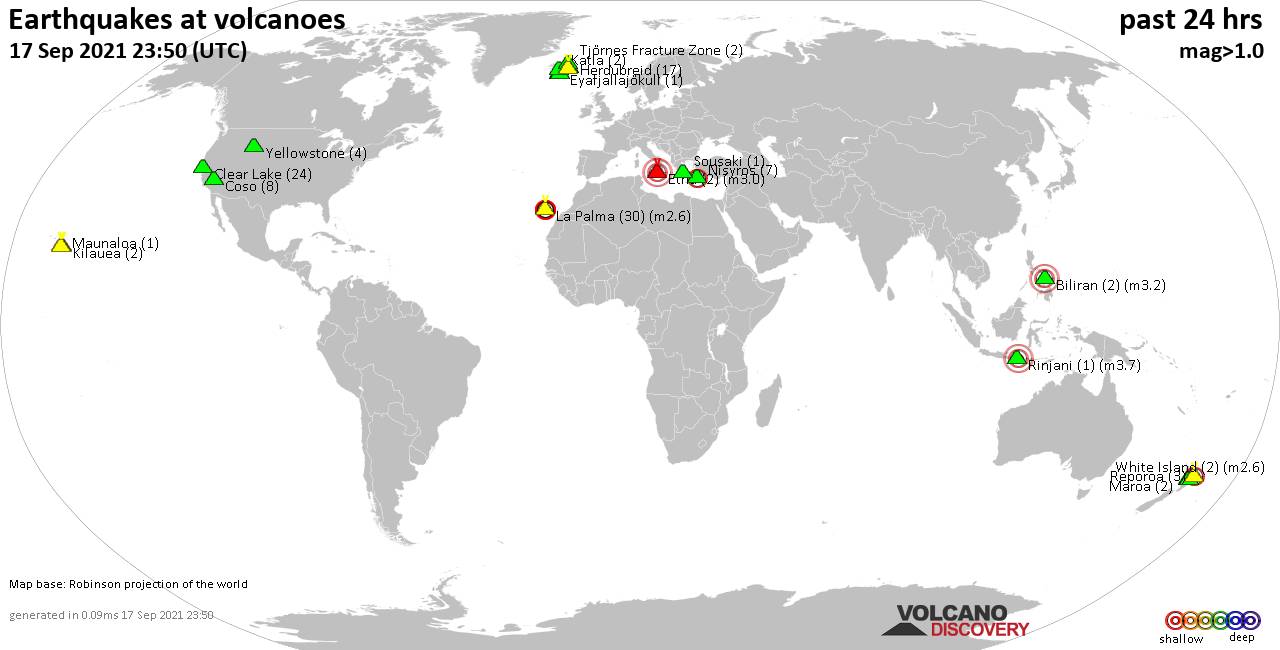 World map showing volcanoes with shallow (less than 20 km) earthquakes within 20 km radius  during the past 24 hours on 17 Sep 2021 Number in brackets indicate nr of quakes.