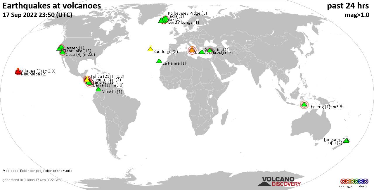 World map showing volcanoes with shallow (less than 50 km) earthquakes within 20 km radius  during the past 24 hours on 17 Sep 2022 Number in brackets indicate nr of quakes.