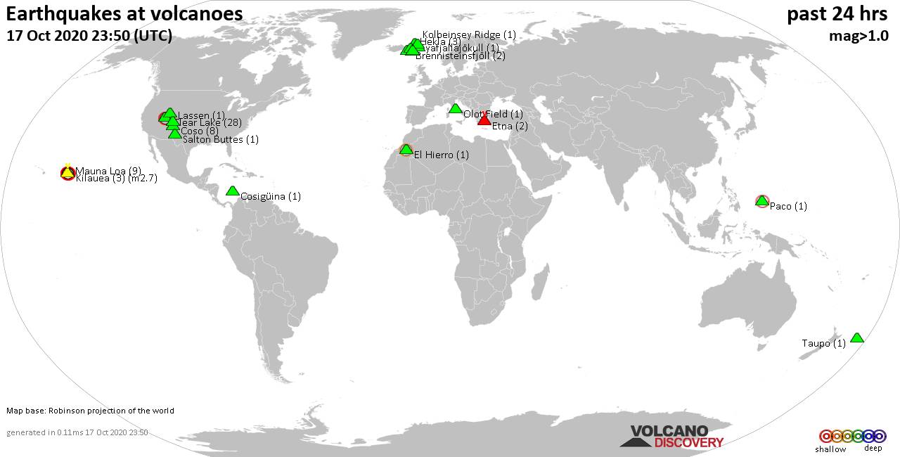 World map showing volcanoes with shallow (less than 20 km) earthquakes within 20 km radius  during the past 24 hours on 17 Oct 2020 Number in brackets indicate nr of quakes.