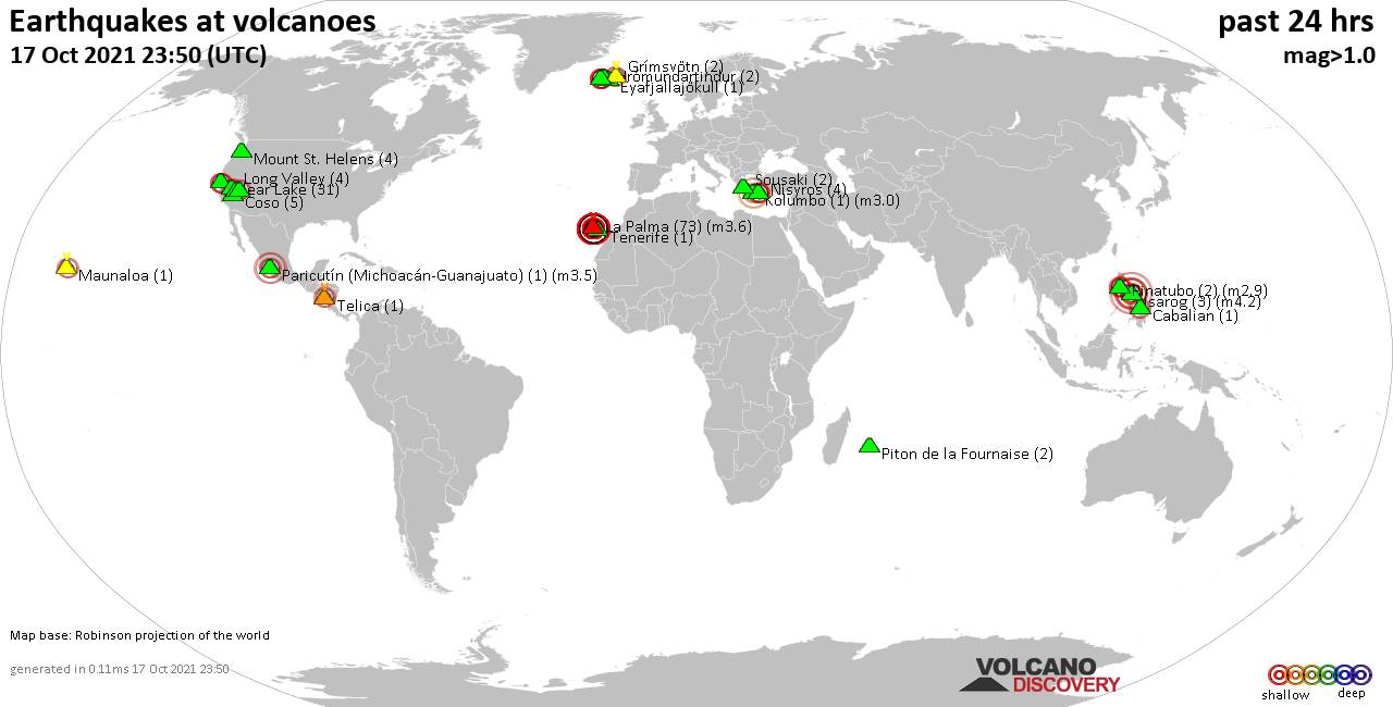 World map showing volcanoes with shallow (less than 20 km) earthquakes within 20 km radius  during the past 24 hours on 17 Oct 2021 Number in brackets indicate nr of quakes.