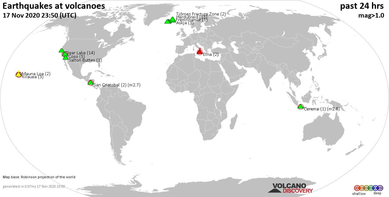 World map showing volcanoes with shallow (less than 20 km) earthquakes within 20 km radius  during the past 24 hours on 17 Nov 2020 Number in brackets indicate nr of quakes.