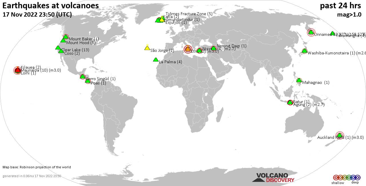 World map showing volcanoes with shallow (less than 50 km) earthquakes within 20 km radius  during the past 24 hours on 17 Nov 2022 Number in brackets indicate nr of quakes.