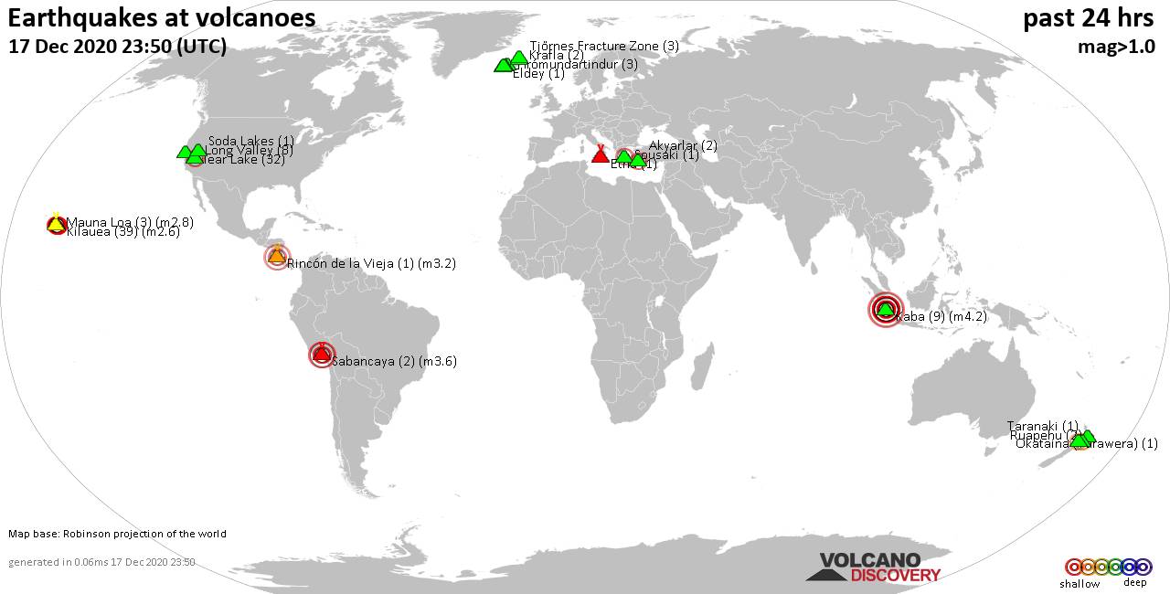 World map showing volcanoes with shallow (less than 20 km) earthquakes within 20 km radius  during the past 24 hours on 17 Dec 2020 Number in brackets indicate nr of quakes.