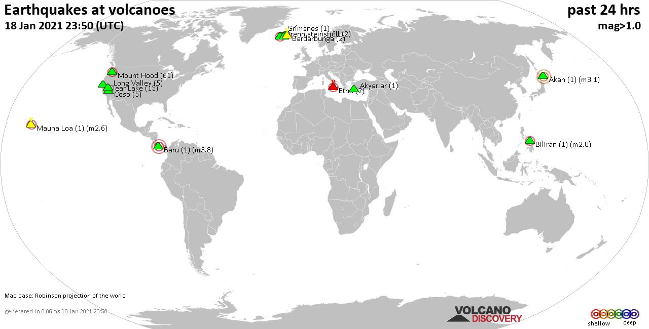 World map showing volcanoes with shallow (less than 20 km) earthquakes within 20 km radius  during the past 24 hours on 18 Jan 2021 Number in brackets indicate nr of quakes.